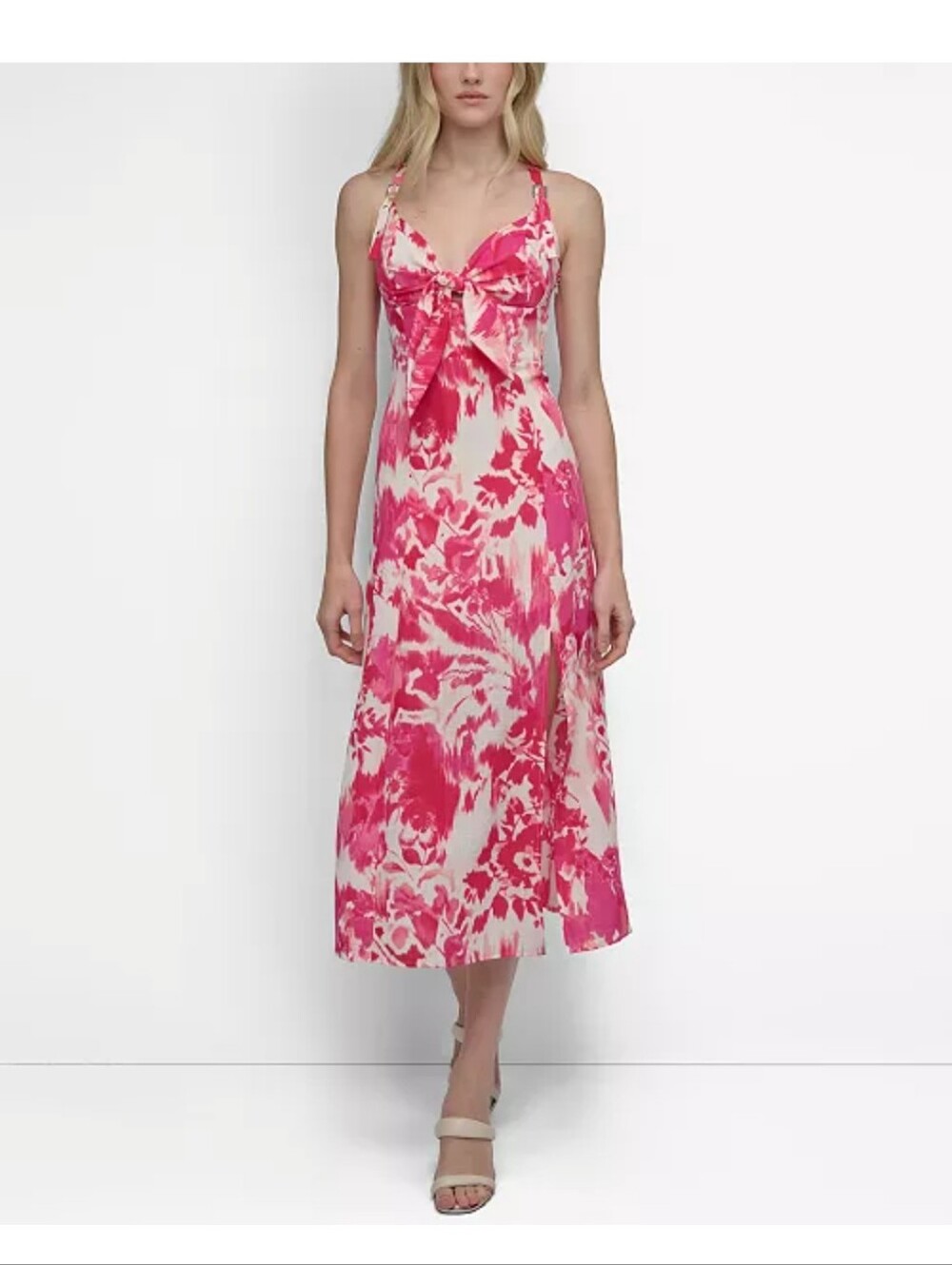 DKNY Pink Floral Midi Dress Sz 14 Tie Front Adjustable Strap Summer Resort